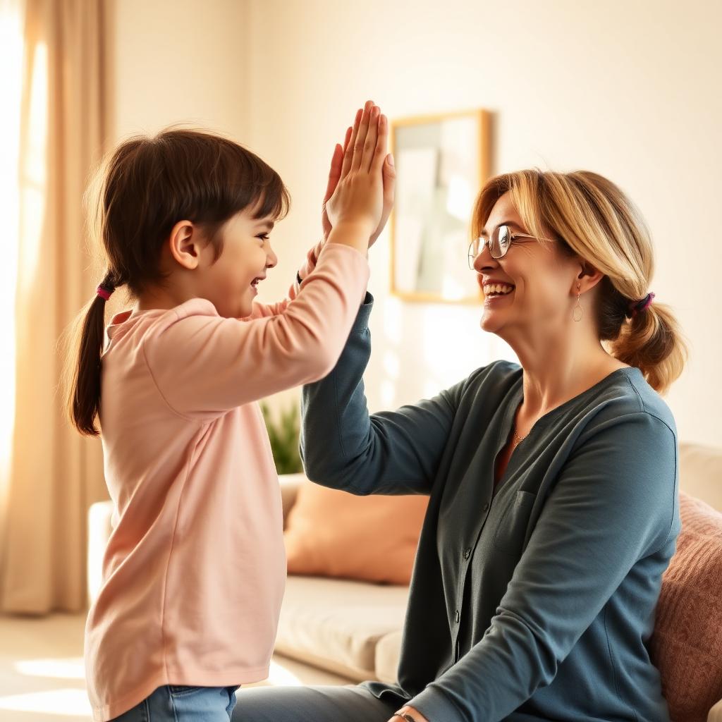 Therapist and child sharing a high-five in a sunlit living room