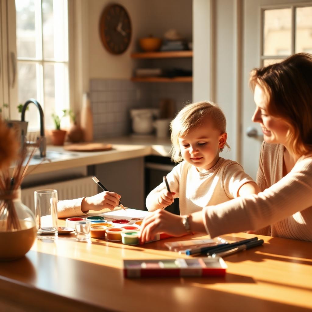 Child and therapist painting together at a kitchen table at home