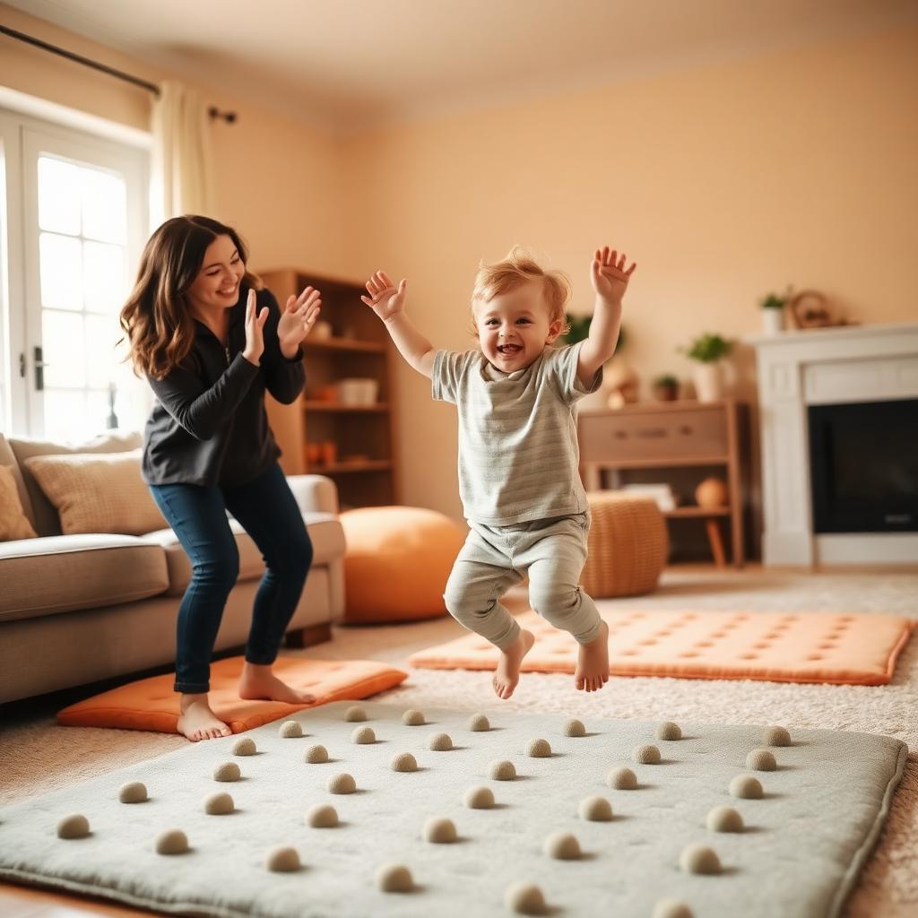 Child joyfully jumping on sensory floor pads in a living room