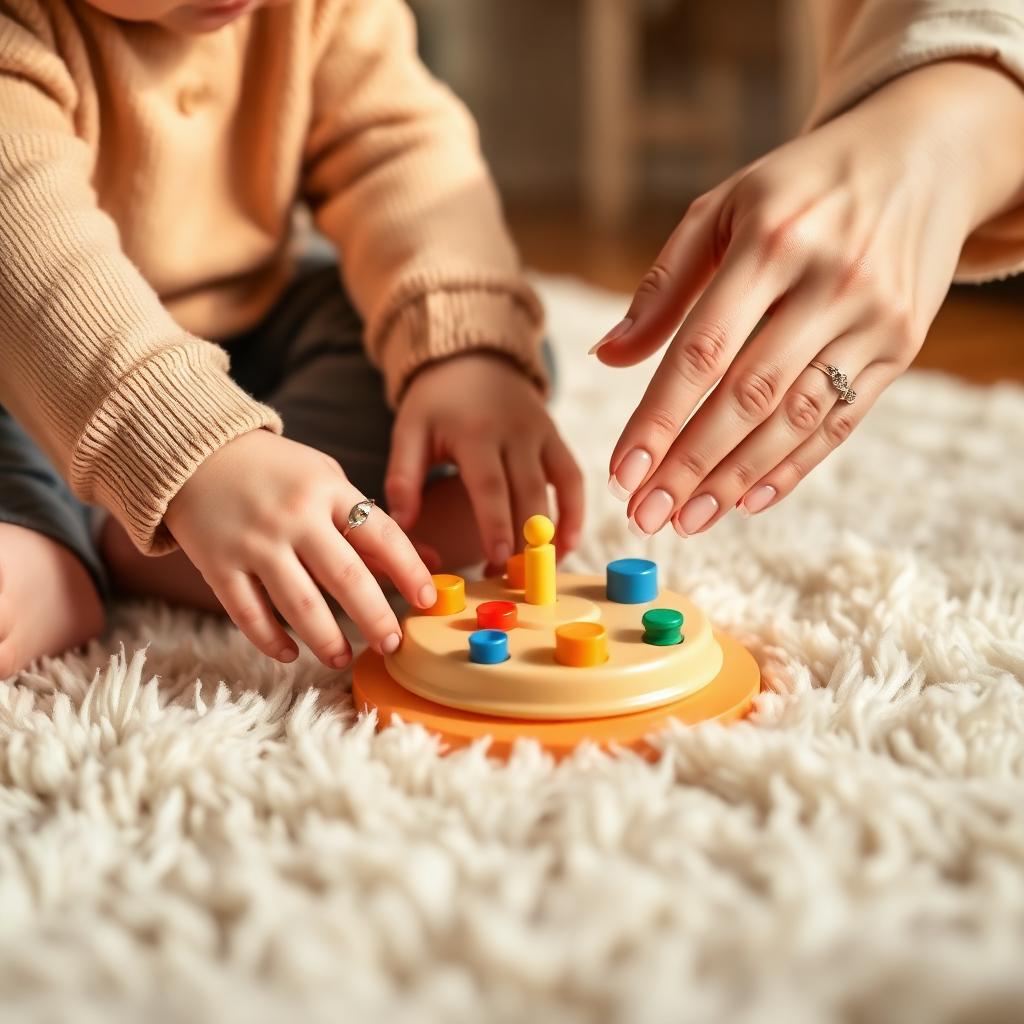 Child and therapist hands exploring a tactile sensory toy on a rug