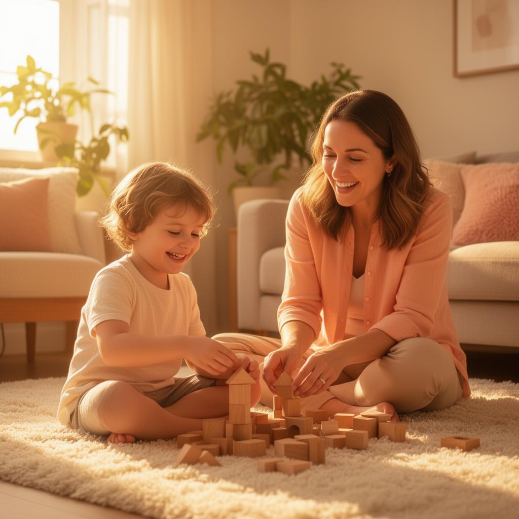 Therapist and child playing with wooden blocks on a rug in a warm, sunlit living room